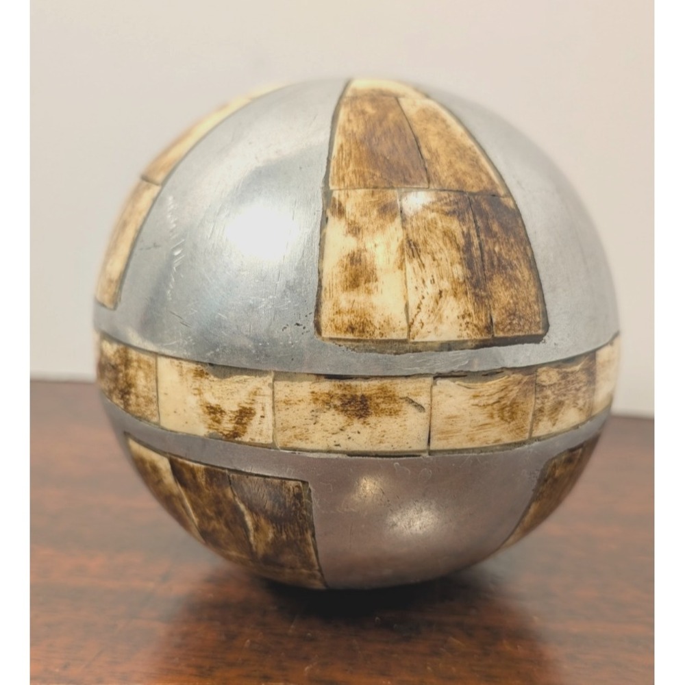 Vintage India Aluminum Bone Inlay Decorative Sphere Orb 5" Boho Table Decor